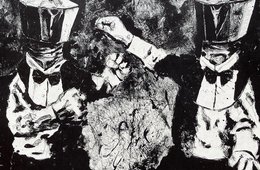 William Kentridge, I Look in the Mirror, I Know What I Need, 2024 Zeichnung von zwei Personen in Anzügen, deren Köpfe Kaffeekannen sind