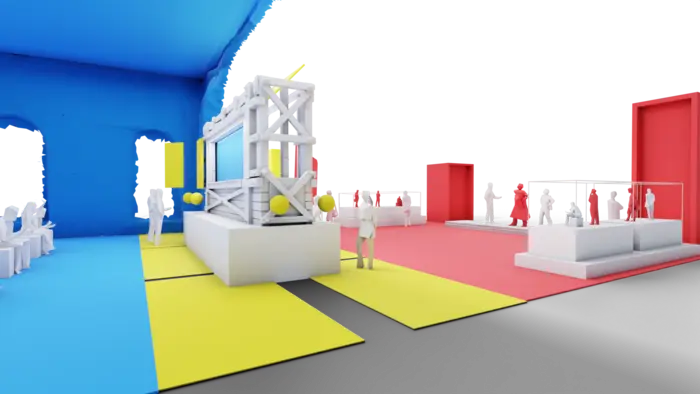 Animation eines Raumes mit einer Präsentation in der Mitte